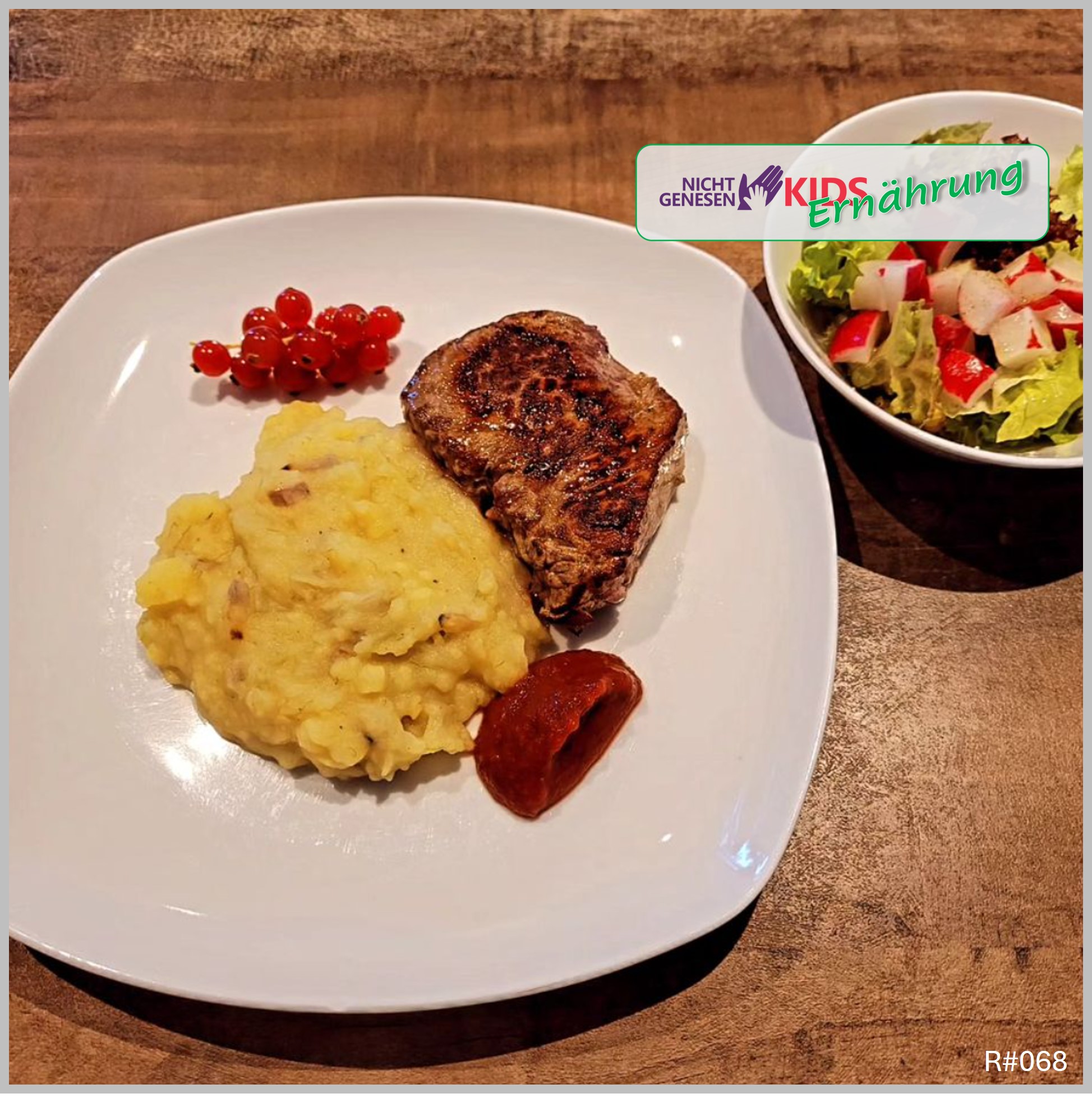 Bio – Angussteak an Fenchelkartoffelbrei mit buntem Salat und tomatenfreiem Ketchup